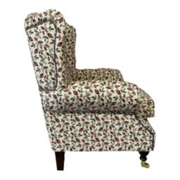Queen Anne Wingback Fireside Chair Vercelli Leaf Design, Brass Castor Legs - thumbnail 4