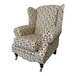 Queen Anne Wingback Fireside Chair Vercelli Leaf Design, Brass Castor Legs - thumbnail 1
