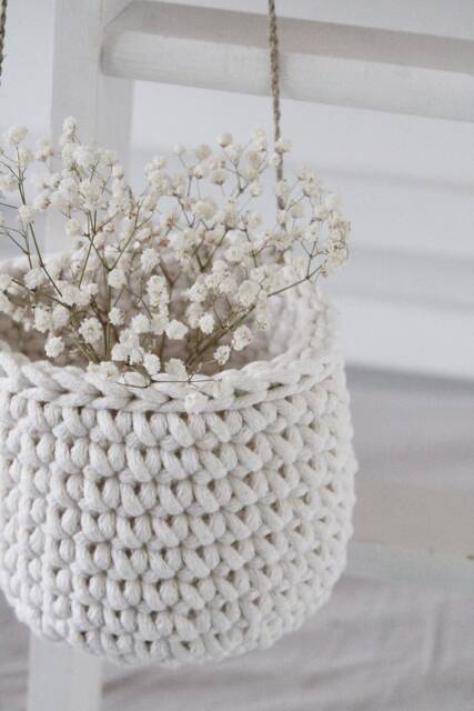 Crochet Hanging Basket Cotton Cord Planter, Kids Storage, Neutral Decor - image 1