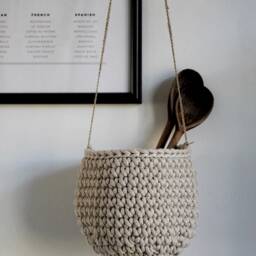 Crochet Hanging Basket Cotton Cord Planter, Kids Storage, Neutral Decor - thumbnail 3