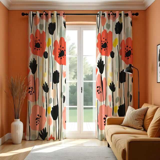 Modern Coral & Black Floral Curtains, Bold Hand Drawn Flower Pattern Drapes, Contemporary Artistic Botanical Home Decor - image 1