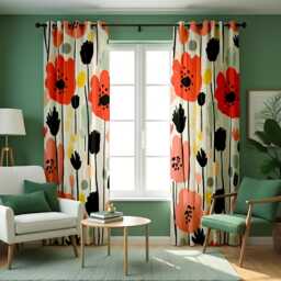 Modern Coral & Black Floral Curtains, Bold Hand Drawn Flower Pattern Drapes, Contemporary Artistic Botanical Home Decor - thumbnail 3