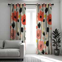 Modern Coral & Black Floral Curtains, Bold Hand Drawn Flower Pattern Drapes, Contemporary Artistic Botanical Home Decor - thumbnail 2