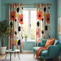 Modern Coral & Black Floral Curtains, Bold Hand Drawn Flower Pattern Drapes, Contemporary Artistic Botanical Home Decor - thumbnail 4