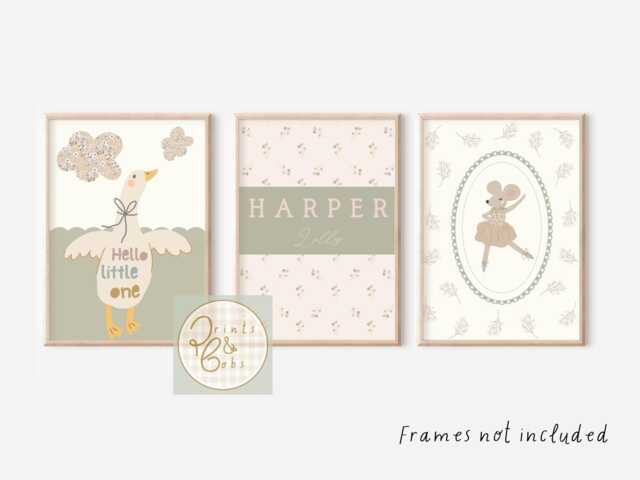 Set Of 3 Personalised Vintage Style Goose & Mouse Prints - Unframed - image 1