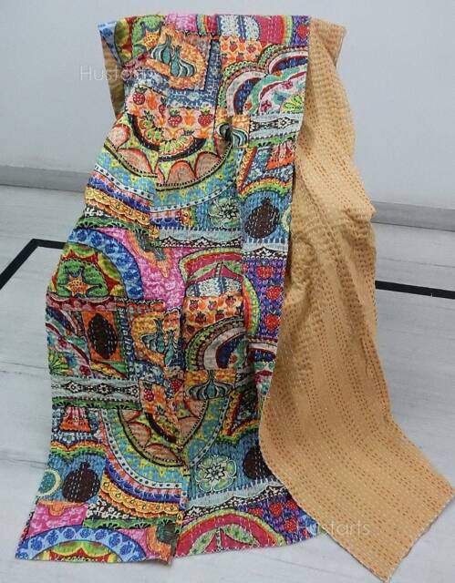 Reversible Floral Kantha Quilt Handmade Indian Cotton Bedspread - image 1
