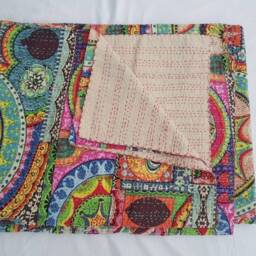 Reversible Floral Kantha Quilt Handmade Indian Cotton Bedspread - thumbnail 2