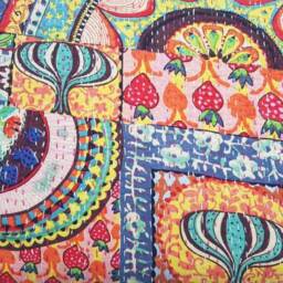Reversible Floral Kantha Quilt Handmade Indian Cotton Bedspread - thumbnail 3