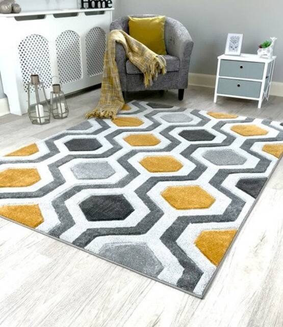 New Small Large Ochre Silver Grey Hexagon Design Area Rugs Mats - image 1