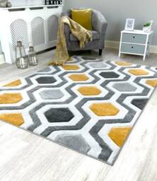 New Small Large Ochre Silver Grey Hexagon Design Area Rugs Mats - thumbnail 1