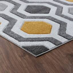 New Small Large Ochre Silver Grey Hexagon Design Area Rugs Mats - thumbnail 3