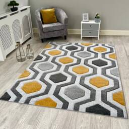 New Small Large Ochre Silver Grey Hexagon Design Area Rugs Mats - thumbnail 2