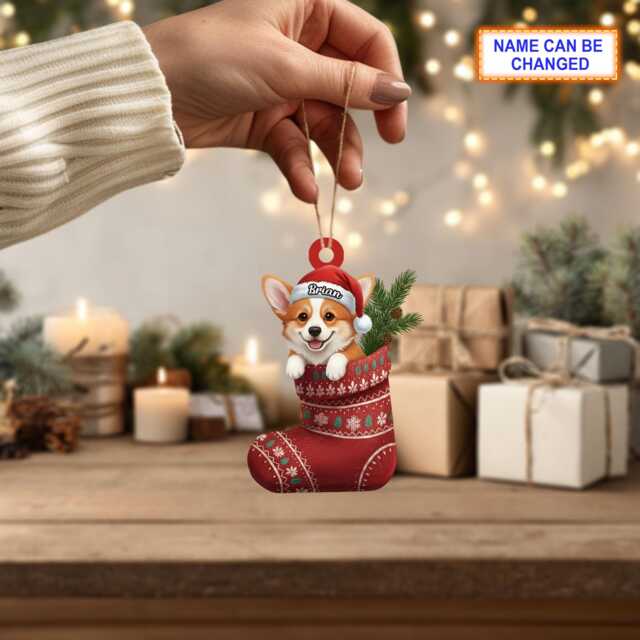 Custom Name Dog in Stocking Corgi Wales Personalized Ornament, Christmas Tree Hanging Decor, 2D Flat Acrylic Ornament Holiday Gift - image 1