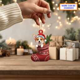 Custom Name Dog in Stocking Corgi Wales Personalized Ornament, Christmas Tree Hanging Decor, 2D Flat Acrylic Ornament Holiday Gift