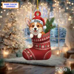 Custom Name Dog in Stocking Corgi Wales Personalized Ornament, Christmas Tree Hanging Decor, 2D Flat Acrylic Ornament Holiday Gift - thumbnail 2