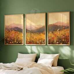 Neutral Wildflower Field Set Of 3 Prints, Daisy Posters, Landscape Painting Art, Rustic Farmhouse Decor, Country Meadow Wall Art - thumbnail 3