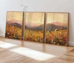 Neutral Wildflower Field Set Of 3 Prints, Daisy Posters, Landscape Painting Art, Rustic Farmhouse Decor, Country Meadow Wall Art - thumbnail 1