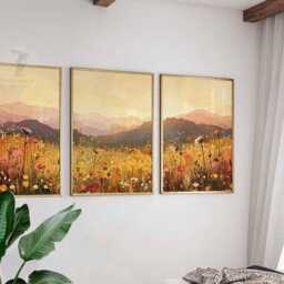 Neutral Wildflower Field Set Of 3 Prints, Daisy Posters, Landscape Painting Art, Rustic Farmhouse Decor, Country Meadow Wall Art - thumbnail 2