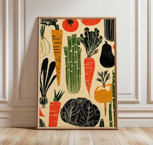 Modern Vegetable Poster, Rustic Farmers Market Wall Art, Retro Kitchen Colorful Carrot & Broccoli Print, Botanical Food Illustration - image 1