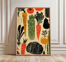 Modern Vegetable Poster, Rustic Farmers Market Wall Art, Retro Kitchen Colorful Carrot & Broccoli Print, Botanical Food Illustration - thumbnail 1