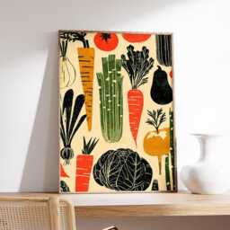 Modern Vegetable Poster, Rustic Farmers Market Wall Art, Retro Kitchen Colorful Carrot & Broccoli Print, Botanical Food Illustration - thumbnail 2