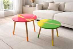 Orange Green Abstract Resin Side Tables, Vibrant Art Design Epoxy Round End Coffee Tables - thumbnail 1