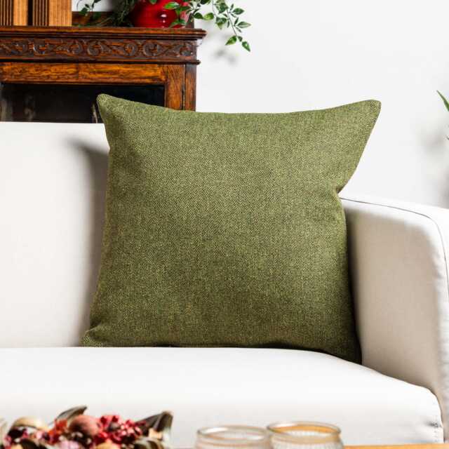 Classic Herringbone Tweed Cushion in Vintage Green. British Racing Green Traditional Check Design. 17x17 - image 1