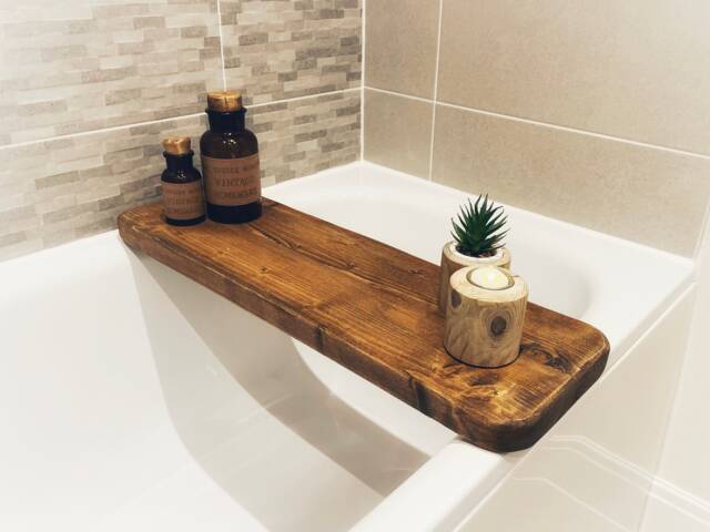 Wooden Bath Caddy, Rustic Bathtub Tray, Solid Wood Rack, Custom Board, Bathroom Accessories - image 1