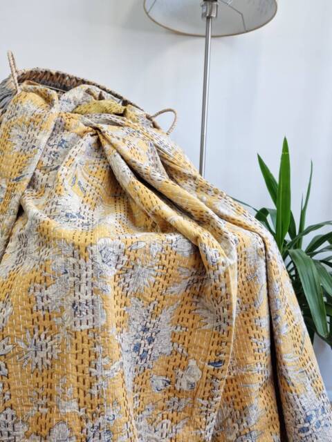 Kantha Stitch Pure Cotton Reversible Bed/Sofa Throw King Size Handmade Floral Indian Dohar Elegant Pastel Mustard Yellow Botanical Bloom - image 1