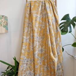 Kantha Stitch Pure Cotton Reversible Bed/Sofa Throw King Size Handmade Floral Indian Dohar Elegant Pastel Mustard Yellow Botanical Bloom - thumbnail 2