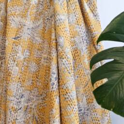 Kantha Stitch Pure Cotton Reversible Bed/Sofa Throw King Size Handmade Floral Indian Dohar Elegant Pastel Mustard Yellow Botanical Bloom - thumbnail 4