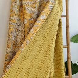 Kantha Stitch Pure Cotton Reversible Bed/Sofa Throw King Size Handmade Floral Indian Dohar Elegant Pastel Mustard Yellow Botanical Bloom - thumbnail 3