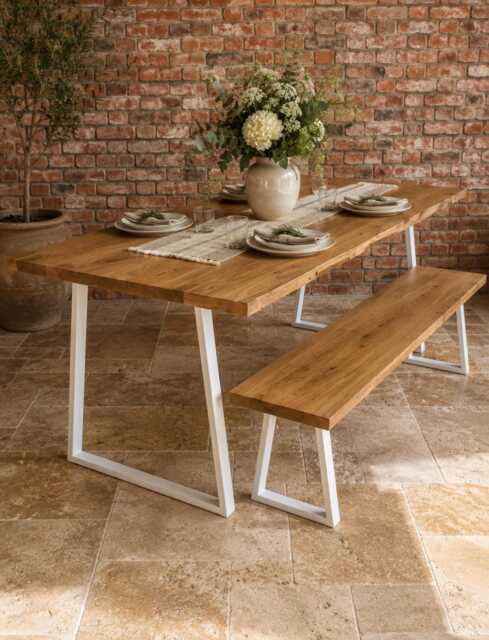 Fixed Length Solid Oak Industrial Steel Trapezium Frame Rustic Dining Table - image 1