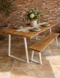 Fixed Length Solid Oak Industrial Steel Trapezium Frame Rustic Dining Table