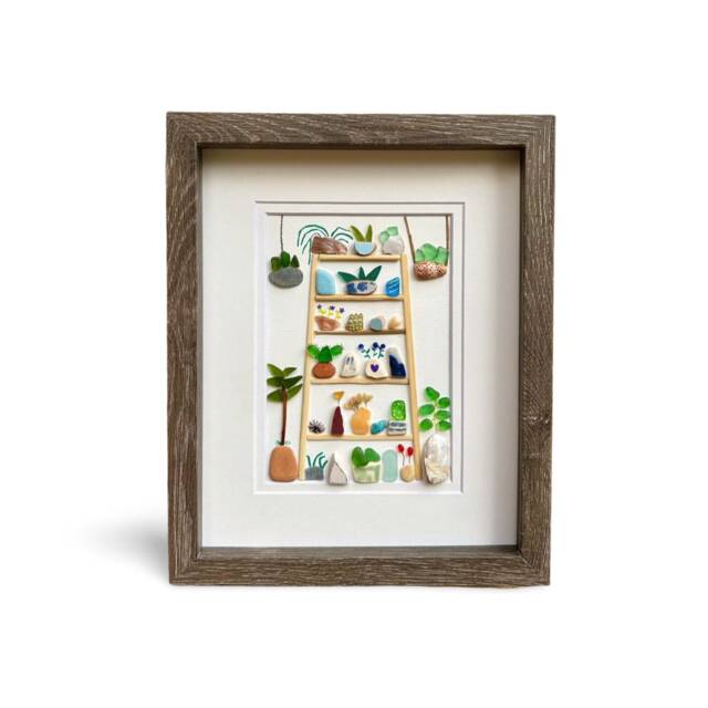 Sea Glass Plant Collage, Framed Beach Pebble Art - 8x10 - image 1