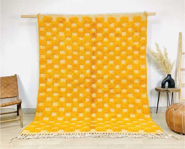 Yellow Checkered Moroccan Berber Rug, Boho Nursery Hand Tufted Wool Shag Authentic Beni Ourain Carpet, Large Area Rug - image 1