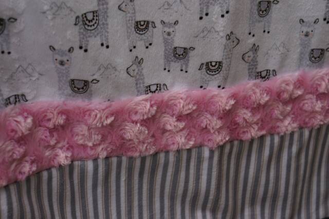 Handmade Modern Baby Minky Blanket Gray, Pink & White Lama Printed - image 1
