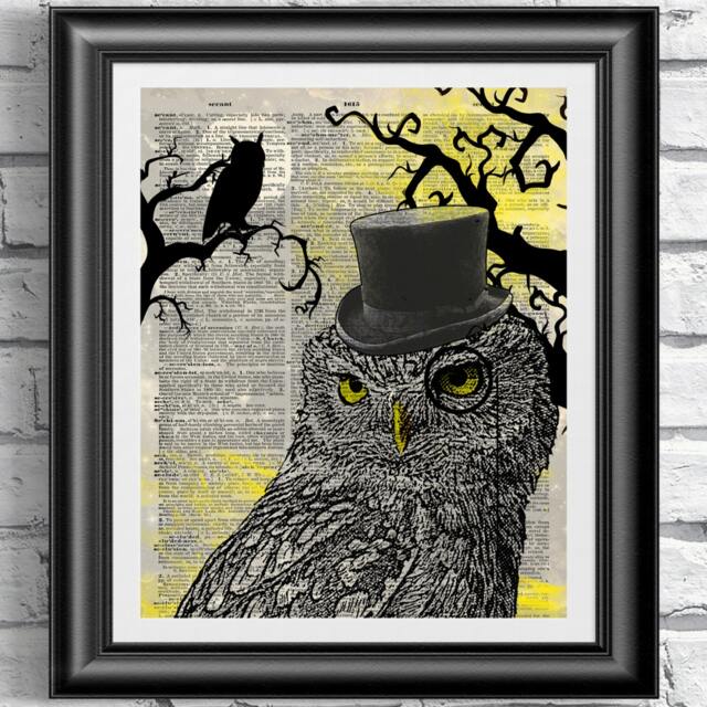 Art Print On Real Antique Dictionary Book Page. Dandy Steampunk Owl Overprinted An Sheet. Dark Wall Decor Artwork - image 1
