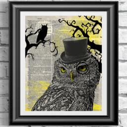 Art Print On Real Antique Dictionary Book Page. Dandy Steampunk Owl Overprinted An Sheet. Dark Wall Decor Artwork - thumbnail 1