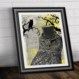 Art Print On Real Antique Dictionary Book Page. Dandy Steampunk Owl Overprinted An Sheet. Dark Wall Decor Artwork - thumbnail 2