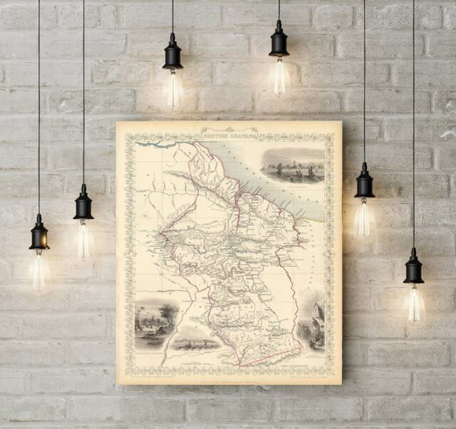 1851 British Guayana Guiana Map Old Of Style Giant Wall Map, Housewarming Gift Idea Costal Art Print - image 1