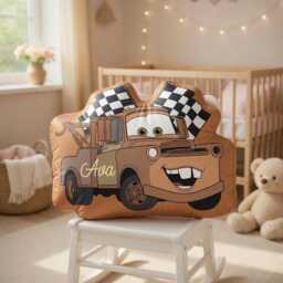 Personalized Tow Mater Pillow, Custom Name Kids Cars Character Nursery Decor, Race Car Bedroom Cushion - thumbnail 3