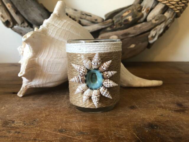 Jute Wrapped Votive With Seashell Beach Flower Candle Holder - image 1