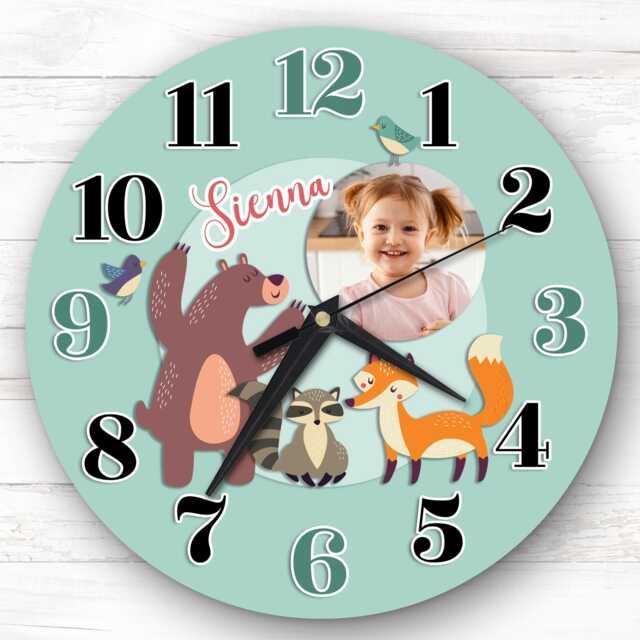 Woodland Animal Photo Personalised Gift For Kid's Bedroom Clock - Kids Clock, Children's , Custom Wall - image 1