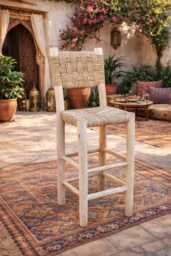 Moroccan Bar Stool, Handwoven Palm Leaf Cord Seat