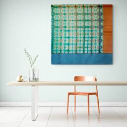 Blue Orange Bojagi Wall Art Korean Geometric Silk Decor - thumbnail 3