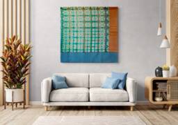 Blue Orange Bojagi Wall Art Korean Geometric Silk Decor - thumbnail 1
