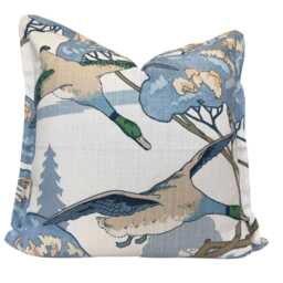 Mulberry Flying Ducks Oxfordedge Blue Neutral Cream Luxury Cushion Pillow Cover - thumbnail 1