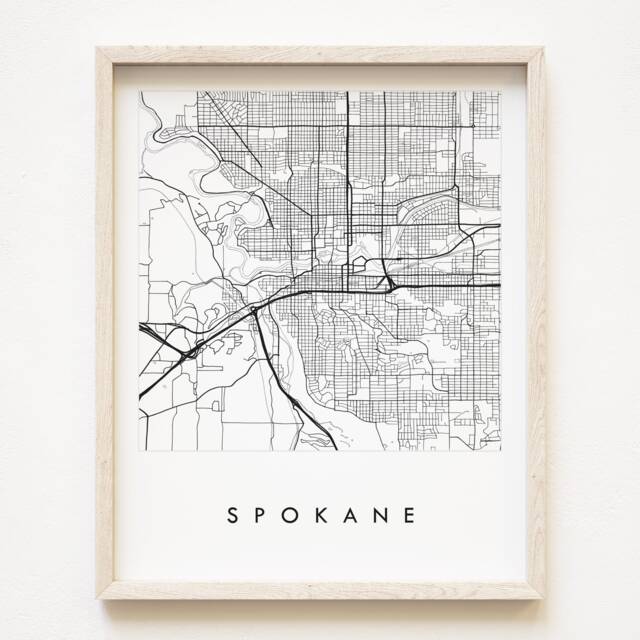 Spokane Map Street Washington City Drawing Black & White - Art Print Wedding Anniversary Gonzaga Graduation Gift Wall Decor - image 1