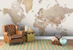 3D World Map Wallpaper, Brown Concrete Wall Mural, Peel & Stick